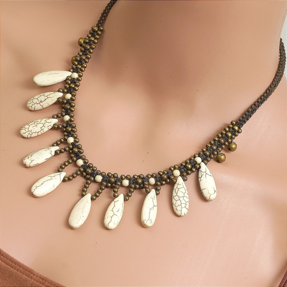 Boho Beaded‎ Necklace White Teardrop Stone Bells Adjustable Choker